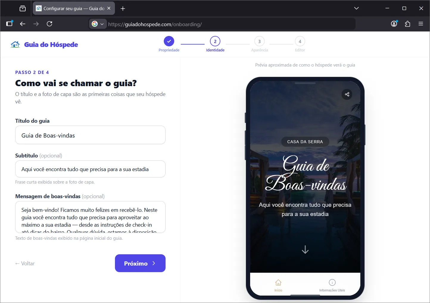 Paso 2 del asistente de creación — identidad de la guía