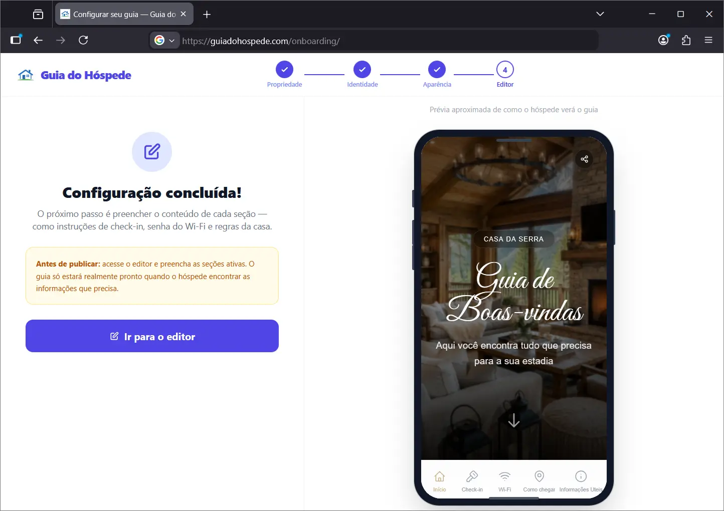 Paso 4 del asistente de creación — acceso al editor completo